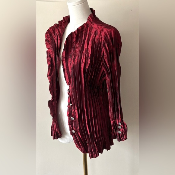 90s Vintage Agora Whimsigoth Burnt Red Metallic Sheen Satin‎ Crinkle Button Up - Picture 8 of 14
